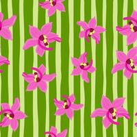 patrón sin costuras de flores de orquídeas rosadas al azar. telón de fondo botánico con fondo de rayas verdes. vector