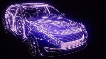 Holographic animation of 3D wireframe car model with engine video