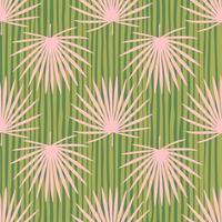 Contrast simple seamless pattern with doodle fan palm leafs pint. Pink tropical elements on green striped background. vector