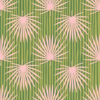 Contrast simple seamless pattern with doodle fan palm leafs pint. Pink tropical elements on green striped background. vector