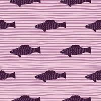 Purple creative fish silhouettes seamless pattern. Lilac stripped background. Underwater plankton wildlife. vector