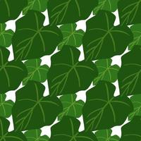 Simple green leaves seamless pattern on black background. Foliage wallpaper in flat style. vector