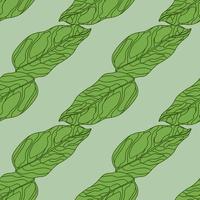 Floral seamless garden pattern with green outline contoured leaf elements. Pale grey background. Botanic minimalistic print. vector