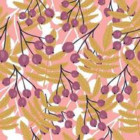 Rowan branches seamless pattern on pink leaf background. Floral backdrop. vector