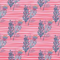 Bright seamless summer pattern with forest ornament. Floral bouquet in blue color on red stripped background. vector