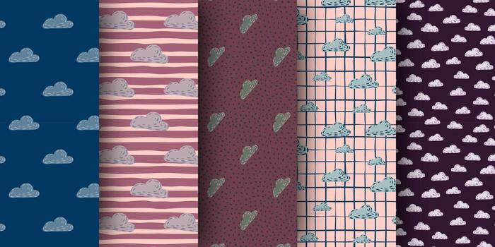 Set of seamless doodle pattern with clouds shapes. vector