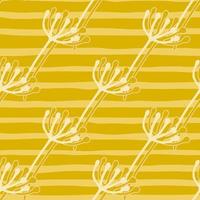 Simple summer seamless pattern with dandelion silhouettes white contour. Bright yellow background with strips. vector