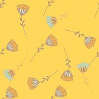 Random seamless floral pattern with outline tulip silhouettes. Yellow background. Summer backdrop. vector