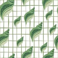 Green seashells seamless pattern on stripes background. Geometric sea shell vector illustration