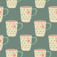 Tea cups with dots and flower seamless pattern. Kitchen dish silhouettes in light yellow tone on grey background. vector