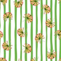 Summer seamless botany pattern with random simple palm licuala shapes. Green and white striped background. vector