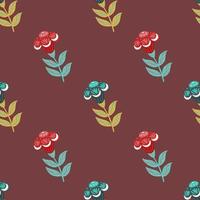 Bloom seamless pattern with blue and pink colored flower silhouettes. Pale maroon background. Simple design. vector