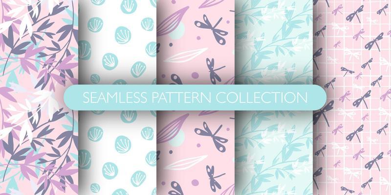 Set of dragonfly, dandelion, branch and leaves seamless pattern. Floral background. Decorative backdrop for fabric design, textile print, wrapping, cover.