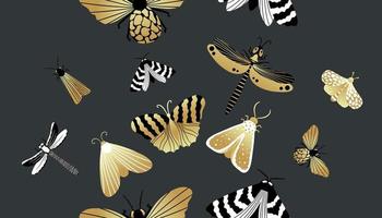 Gold and black butterflies on a dark background with a seamless pattern. Vector illustration for the design of fabric, textiles, clothing, kimonos, men's shirts, packaging, wallpaper.