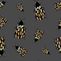 Gold and black beetles on a dark background with a seamless pattern. Vector illustration of a bug for the design of fabric, textiles, clothing, kimonos, men's shirts, packaging, wallpaper.