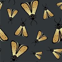 Gold and black butterflies on a dark background with a seamless pattern. Vector illustration for the design of fabric, textiles, clothing, kimonos, men's shirts, packaging, wallpaper.