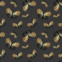 Gold and black butterflies on a dark background with a seamless pattern. Vector illustration for the design of fabric, textiles, clothing, kimonos, men's shirts, packaging, wallpaper.