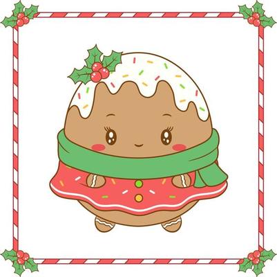 Christmas cute cookie drawing with red berry frame