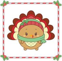 Christmas cute thanks giving turkey drawing with red berry frame
