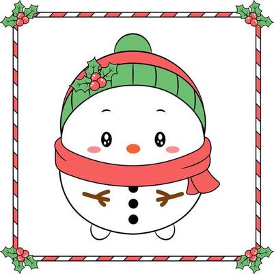 Christmas cute snowman drawing with red berry frame