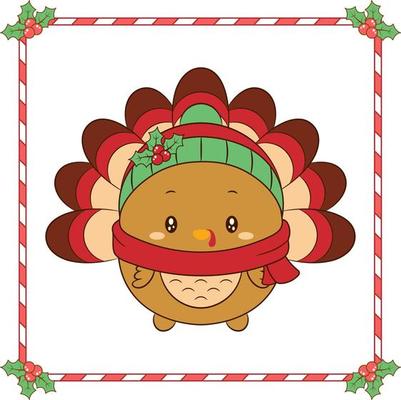 Christmas cute turkey drawing with red berry frame