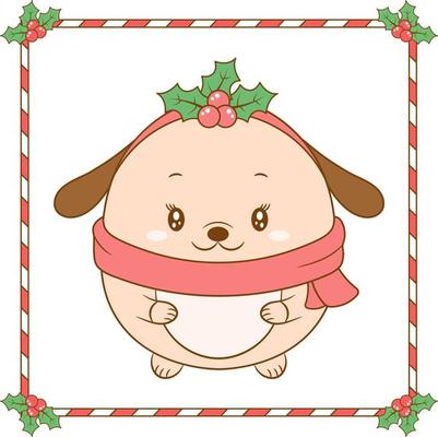 Christmas cute dog drawing with red berry frame