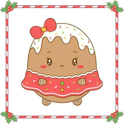 Christmas cute cookie drawing with red berry frame