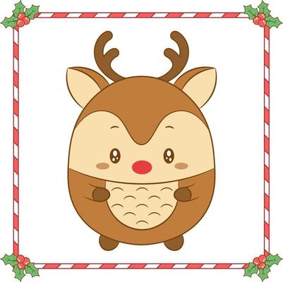Christmas cute reindeer drawing with red berry frame