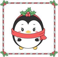 Christmas cute penguin drawing with red berry frame