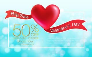 Valentines day discount blue background blur with red ribbon background 3d heart realistic. Can be used in the poster, wallpaper, brochure, flyers, invitation, banners, template. vector