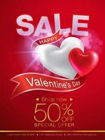 valentines day special offer flyer with ribbon background 3d heart realistic. Can be used in the poster, wallpaper, brochure, flyers, invitation, banners, template. Vector realistic file.