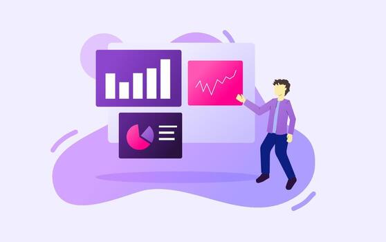 informe de presentación de negocios vector ilustración plana con degradado púrpura y rosa que muestra gráfico y gráfico