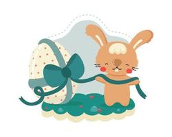 Cute cartoon Easter bunny with an egg. Funny animal character for kids design. Happy Easter greeting card. Flat vector illustration.