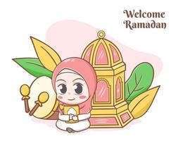 tarjeta de felicitación de ramadán con ilustración de dibujos animados de niña linda vector