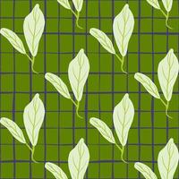 White outline leaves seamless doodle pattern. Hand drawn elements on green chequered background. vector