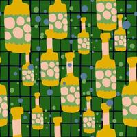 Funny glass bottle seamless pattern on stripes background. Alcohol rum bottles. vector