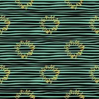 Scribble abstract star silhouettes seamless doodle pattern. Yellow contoured sun elements on striped blue and black background. vector