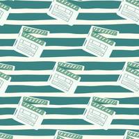 Simple clapperboard doodle seamless pattern. Dark turquoise and white colored pattern with cinema print. vector