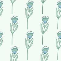Contoured vintage flowers seamless pattern. Folk outline ornament in blue and green tones on light background. vector