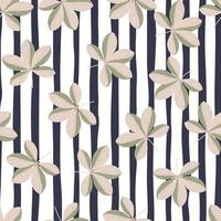 Bloom seamless pattern with random grey scheffler flower silhouettes. Navy blue and white striped background. vector