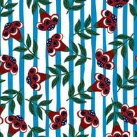 Random seamless pattern with red colored flowers shapes. Blue and white striped background. Doodle print. vector