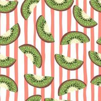 Seamless random pattern with green simple kiwi slice shapes. Red and white striped background. vector