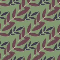 Diagonal located twigs in purple tones and green background. Seamless herbal pattern. vector