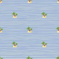 Summer seamless pattern with green palm tree and island shapes. Blue striped background. Hawaii print. vector