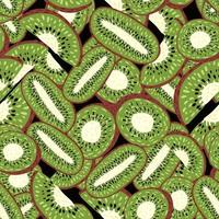 Kiwi slices and half seamless pattern on green background. Exotic fruit wallpaper vector