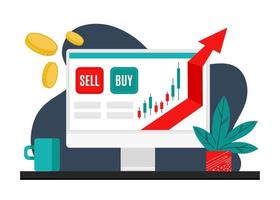 Trader desktop with charts on the monitor. Trading, quotes, stocks, investment concept. Flat cartoon vector illustration