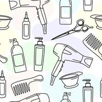 The pattern is seamless of cosmetics and objects. Hair care products. Vector illustration in doodle style.