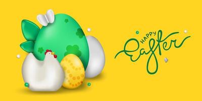 Easter realistic illustration with eggs and chicken. A festive stylish poster, a web banner, a fashionable postcard. Vector illustration