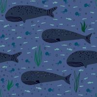 Cachalot and whale doodle ornament seamless pattern. Plankton print with fishes and seaweeds in navy blue palette. vector