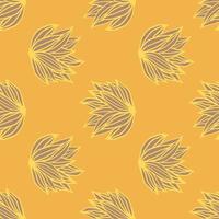 Seamless doodle pattern with foliage outline ornament. Orange background. Summer botanic print. vector